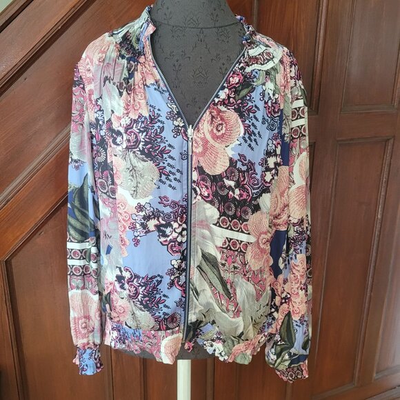 Chicos Reversible Floral Print Bomber Jacket With Zipper Closure & Elastic Cuffs - Picture 1 of 9